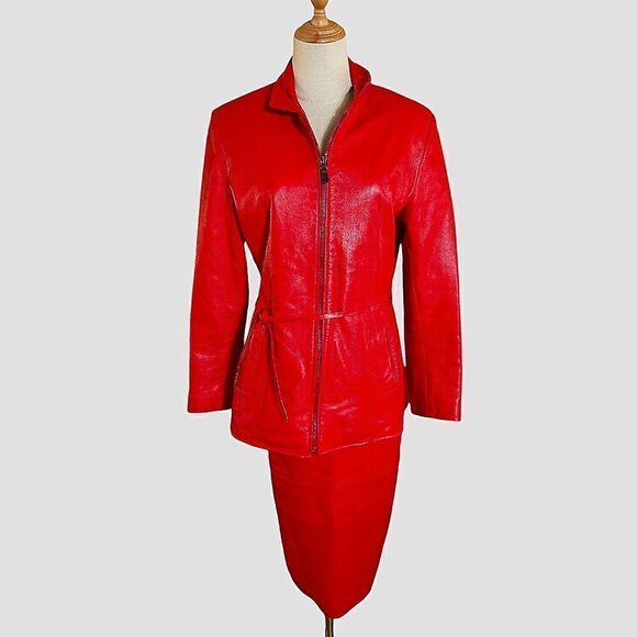 DC Collection Vintage Red Leather 2 Piece Suit - Picture 1 of 9